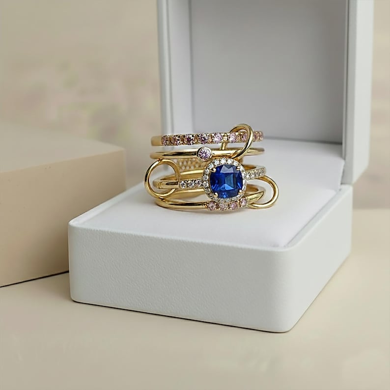 Round Blue Sapphire 925Silver Pink Sapphire Diamond Multi Band 9