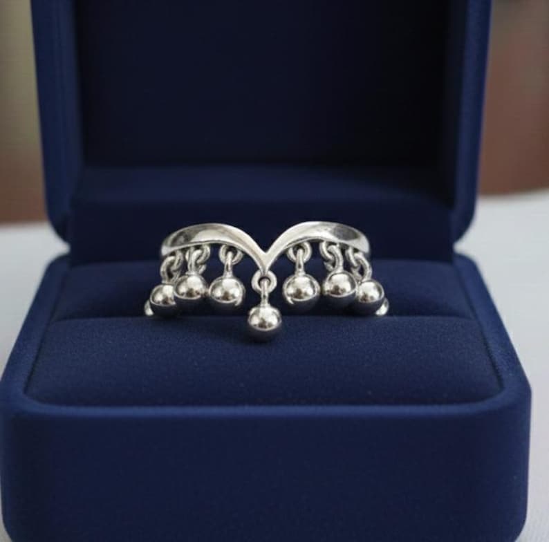 Round Drop Sterling Silver Ring, Handmade Dangling Charms Ring 4