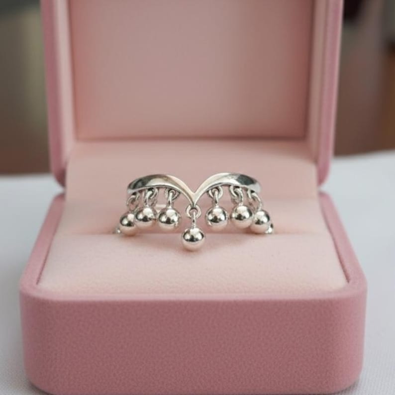 Round Drop Sterling Silver Ring, Handmade Dangling Charms Ring 6