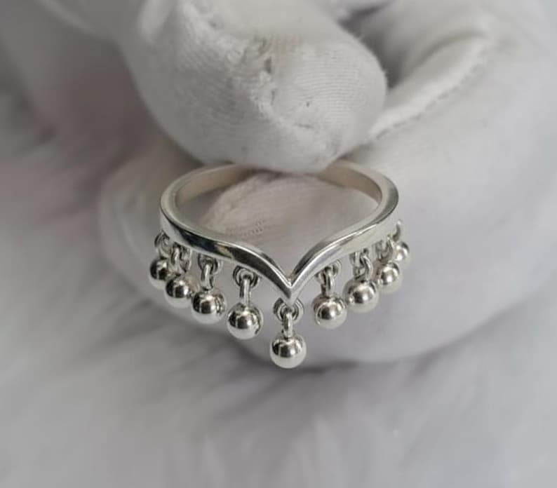 Round Drop Sterling Silver Ring, Handmade Dangling Charms Ring 7