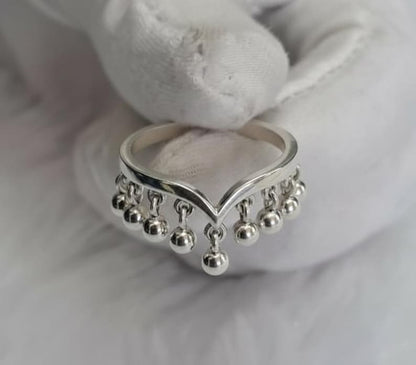 Round Drop Sterling Silver Ring, Handmade Dangling Charms Ring 7