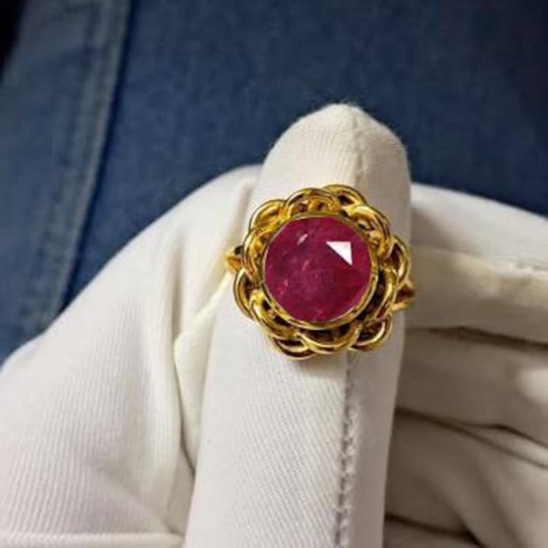 Round Ruby Cockatiel Wedding Ring 14k Yellow Gold Engagement Ring 925 Silver devika