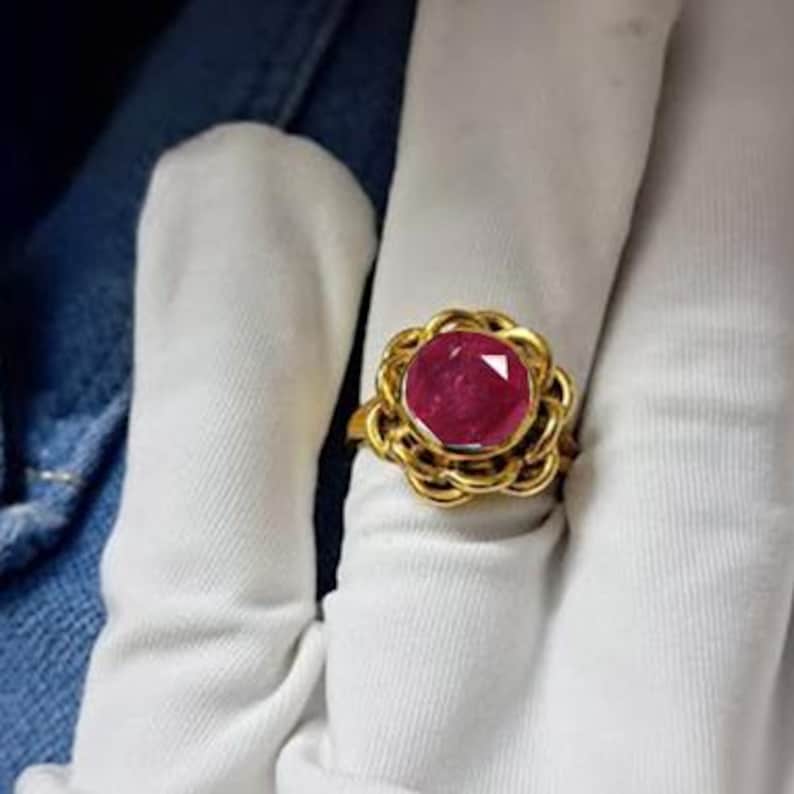 Round Ruby Cockatiel Wedding Ring 14k Yellow Gold Engagement Ring 925 Silver devikagem