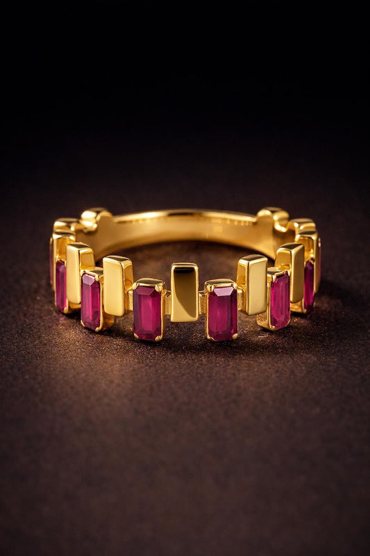 Ruby Baguette CZ Eternity Band Ring – Brass Gold Plated Stackable Channel Set Band 1