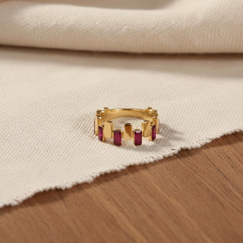 Ruby Baguette CZ Eternity Band Ring – Brass Gold Plated Stackable Channel Set Band 2