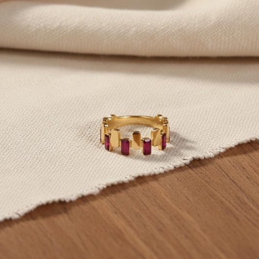Ruby Baguette CZ Eternity Band Ring – Brass Gold Plated Stackable Channel Set Band 2
