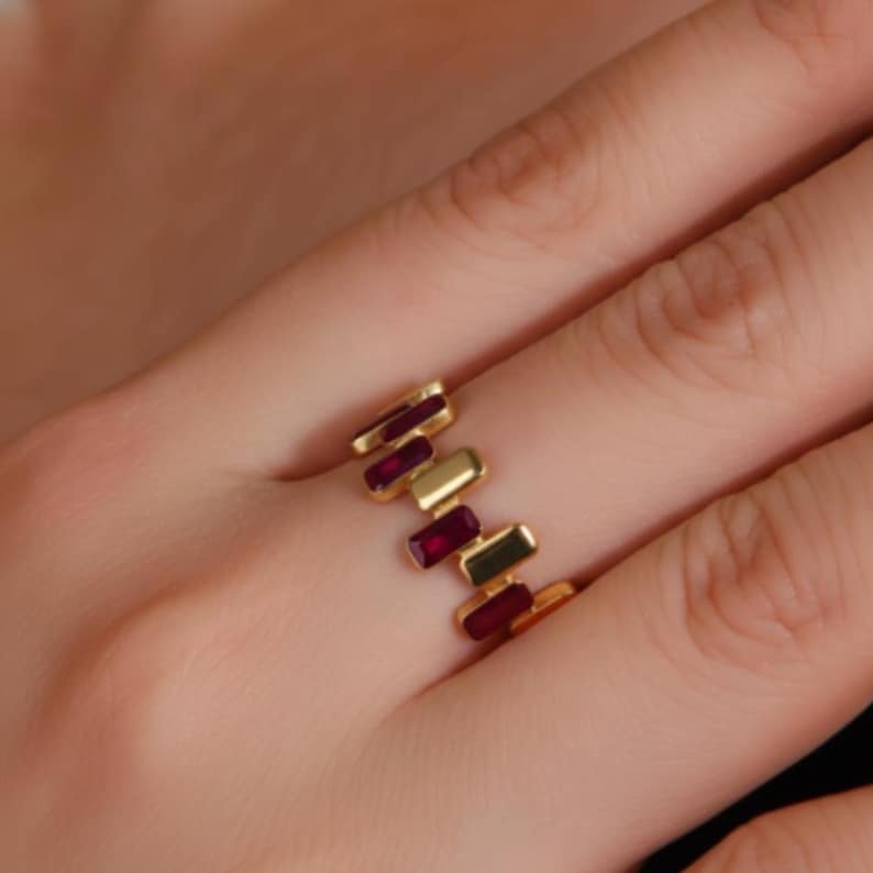 Ruby Baguette CZ Eternity Band Ring – Brass Gold Plated Stackable Channel Set Band 4