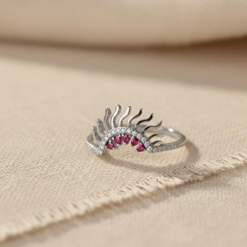 Ruby & CZ Eyelash Ring | Rose Gold Plated Sterling Silver Boho Band 1