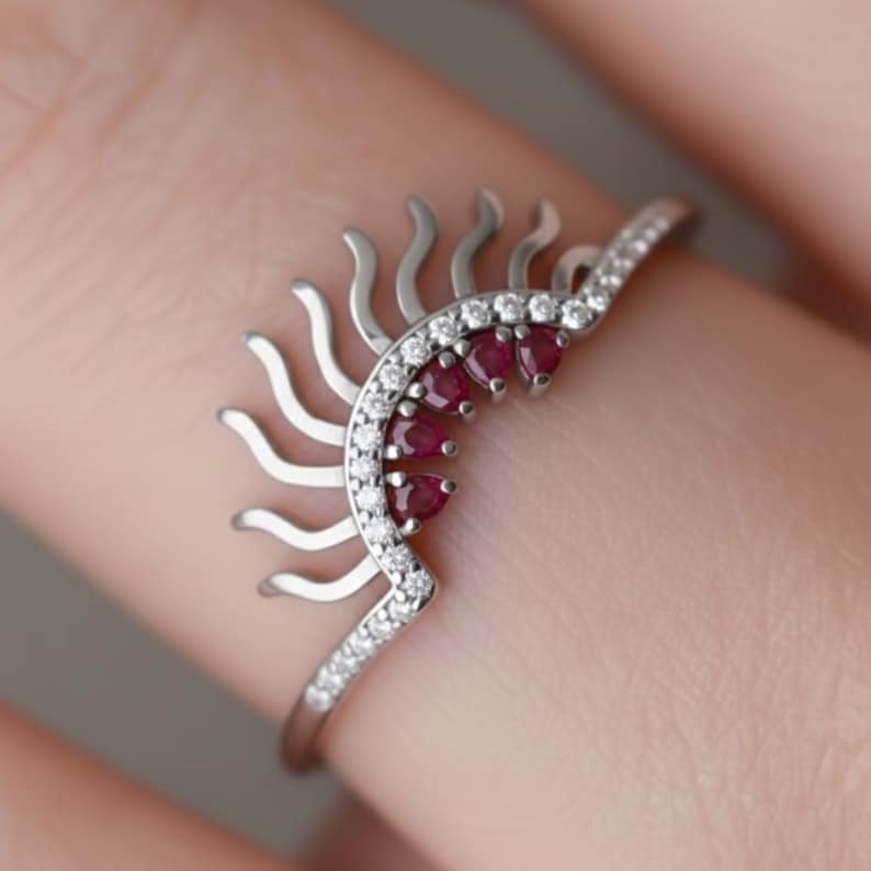 Ruby & CZ Eyelash Ring | Rose Gold Plated Sterling Silver Boho Band 2