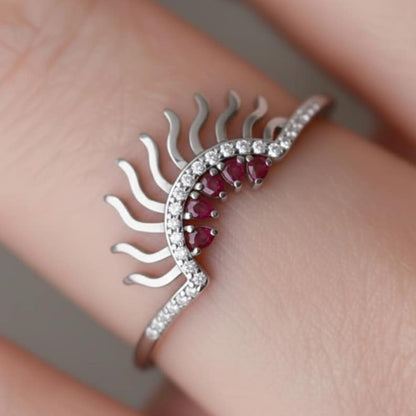 Ruby & CZ Eyelash Ring | Rose Gold Plated Sterling Silver Boho Band 2