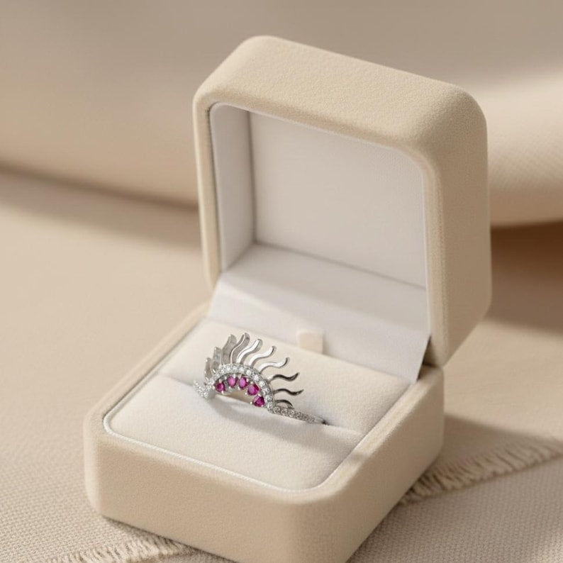 Ruby & CZ Eyelash Ring | Rose Gold Plated Sterling Silver Boho Band 3