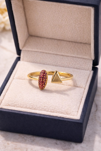 Ruby CZ Pave Triangle Ring Brass Gold Plated Adjustable Bypass Ring 2