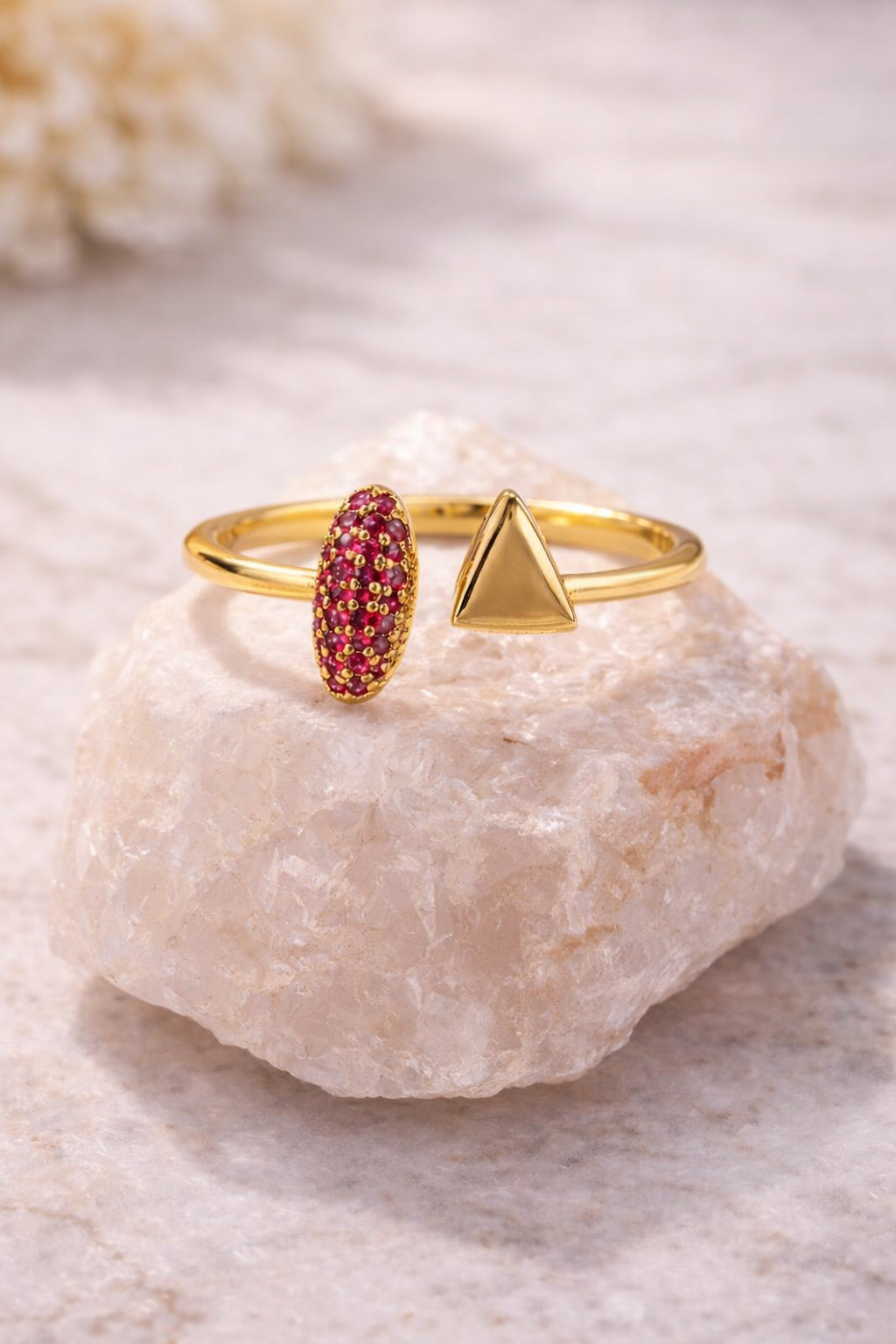 Ruby CZ Pave Triangle Ring Brass Gold Plated Adjustable Bypass Ring 3