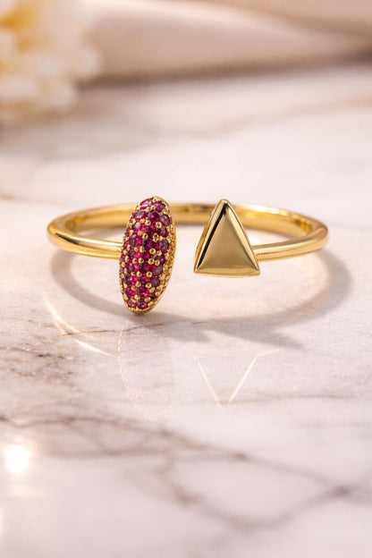 Ruby CZ Pave Triangle Ring Brass Gold Plated Adjustable Bypass Ring 4