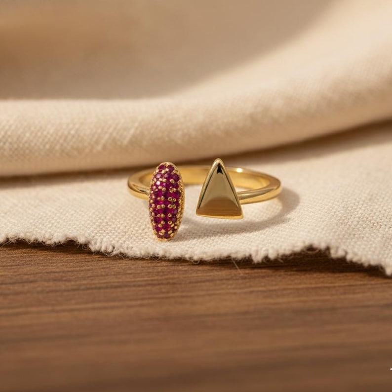 Ruby CZ Pave Triangle Ring Brass Gold Plated Adjustable Bypass Ring 6