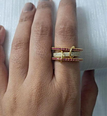 Ruby Diamond Interlocking Ring, 14k Gold Multi Linked Connected Band devika gem jewels