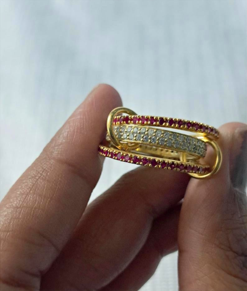 Ruby Diamond Interlocking Ring, 14k Gold Multi Linked Connected Band devikhagem