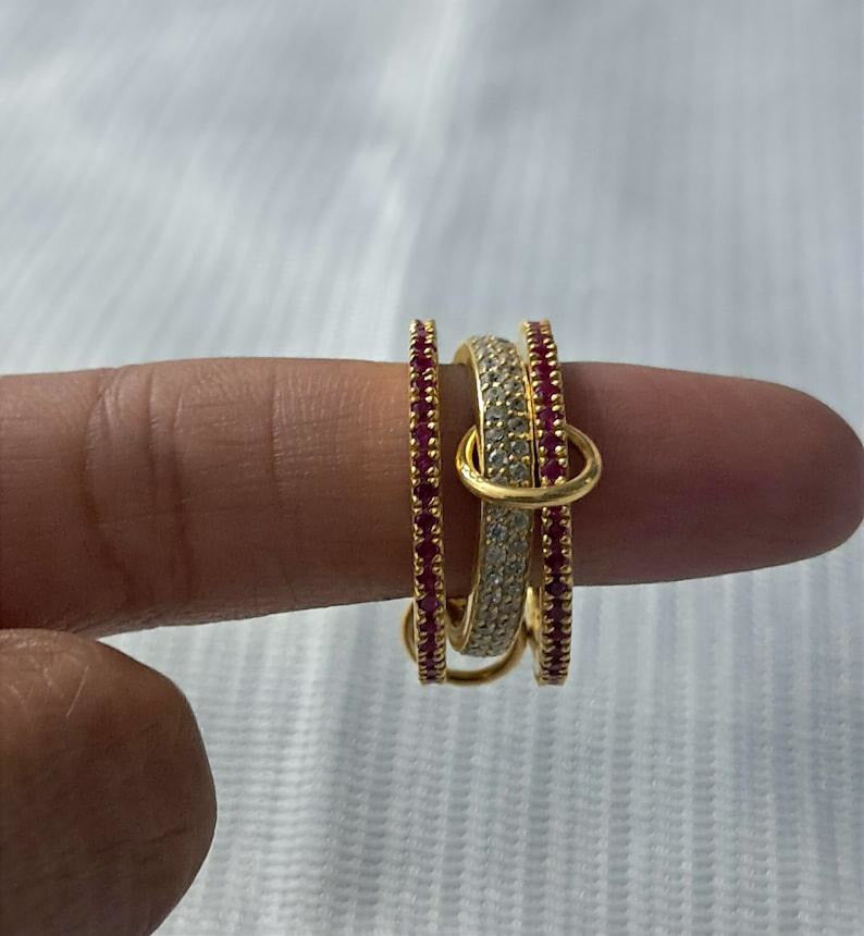 Ruby Diamond Interlocking Ring, 14k Gold Multi Linked Connected Band gem jewels