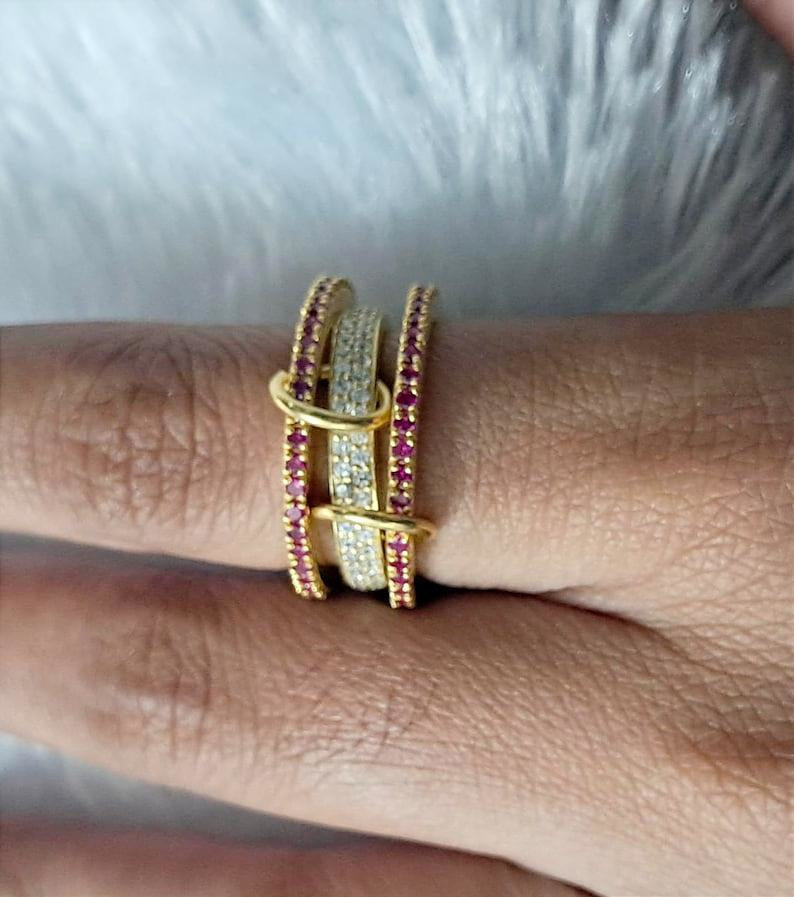 Ruby Diamond Interlocking Ring, 14k Gold Multi Linked Connected Band davikagem