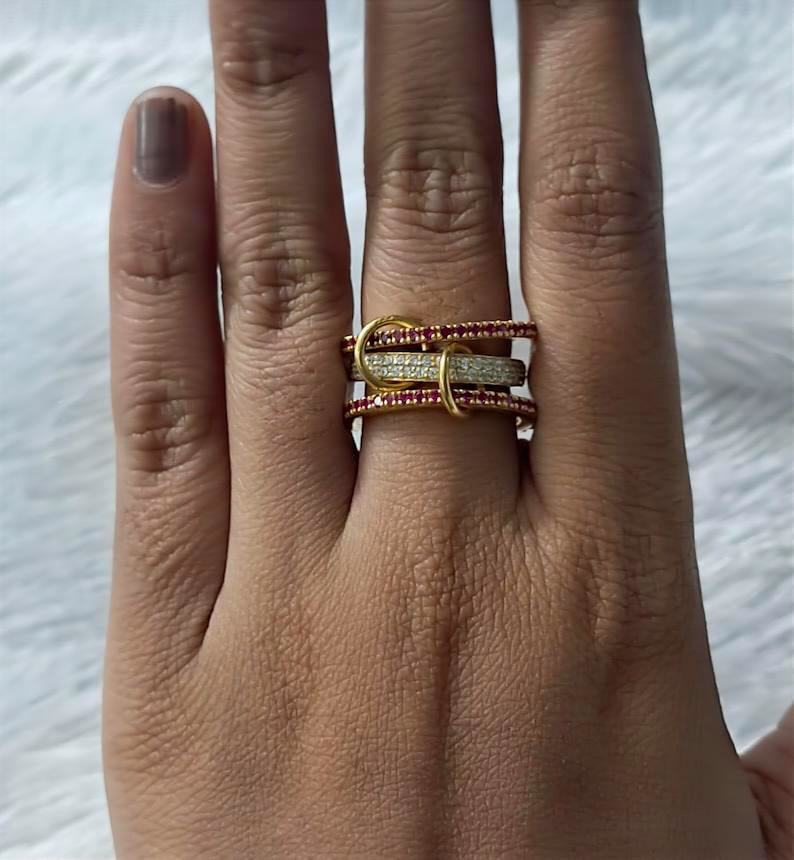 Ruby Diamond Interlocking Ring, 14k Gold Multi Linked Connected Band devika jewels
