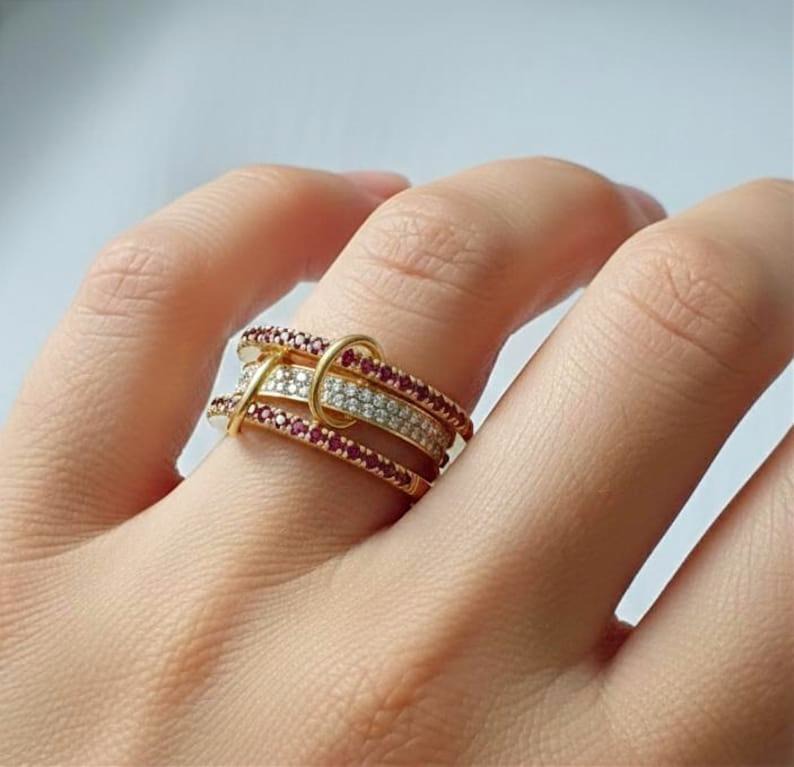 Ruby Diamond Interlocking Ring, 14k Gold Multi Linked Connected Band gem jewels