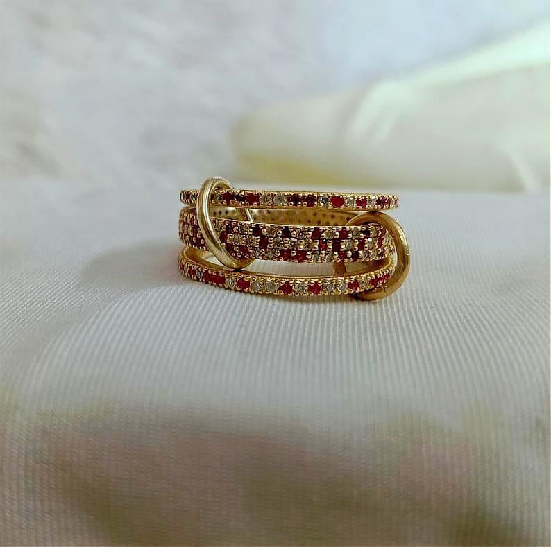 Ruby Diamond Interlocking Spinner Multi linked Band in 925 Silver  devikagemss