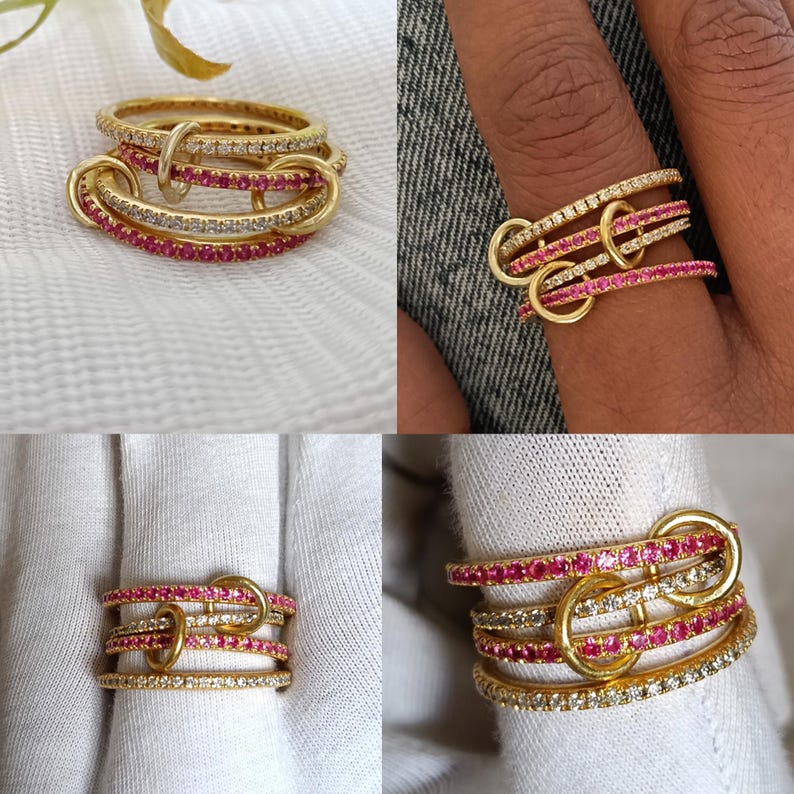 Ruby Diamond Interlocking Spinner Multi linked Band in 925 Silver Handmade Jewelry - devika jewels