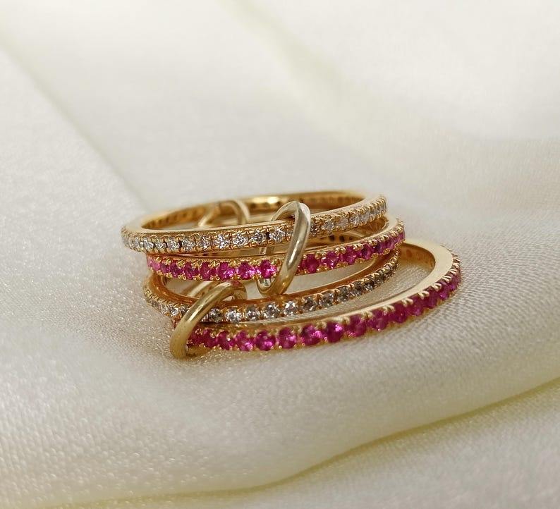 Ruby Diamond Interlocking Spinner Multi linked Band in 925 Silver Handmade Jewelry - devika band ring