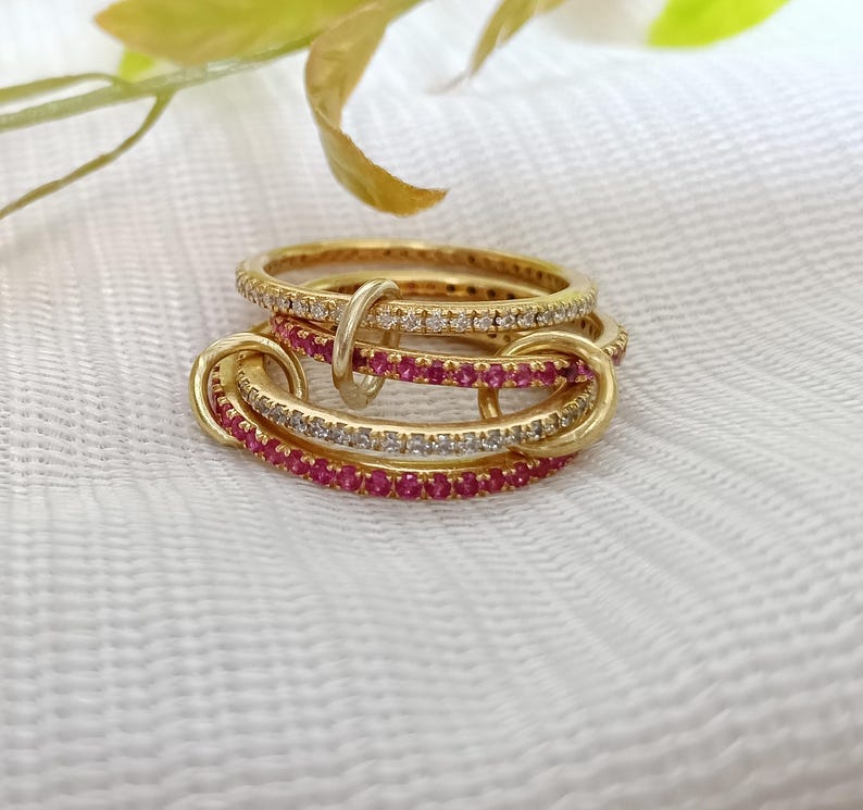 Ruby Diamond Interlocking Spinner Multi linked Band in 925 Silver Handmade Jewelry devika interconnect ring