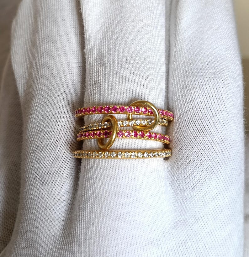 Ruby Diamond Interlocking Spinner Multi linked Band in 925 Silver Handmade Jewelry - devika