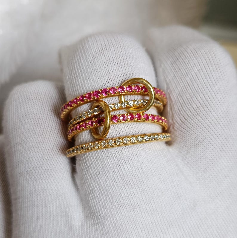 Ruby Diamond Interlocking Spinner Multi linked Band in 925 Silver Handmade Jewelry gems ring band