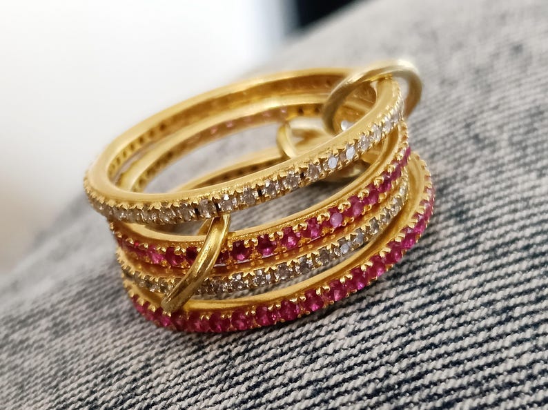 Ruby Diamond Interlocking Spinner Multi linked Band in 925 Silver Handmade Jewelry interlock band ring devika 