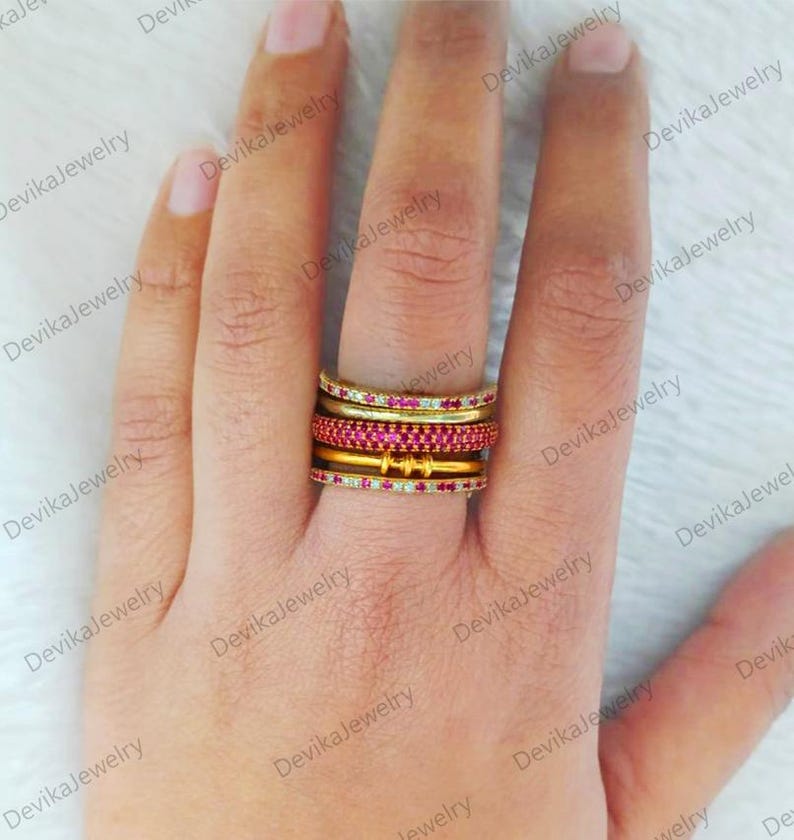 Ruby Diamonds 5 Interlocking Chunky Spinner Band Ring in 14k Yellow Plated 1