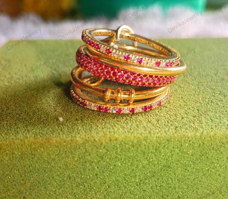 Ruby Diamonds 5 Interlocking Chunky Spinner Band Ring in 14k Yellow Plated 2