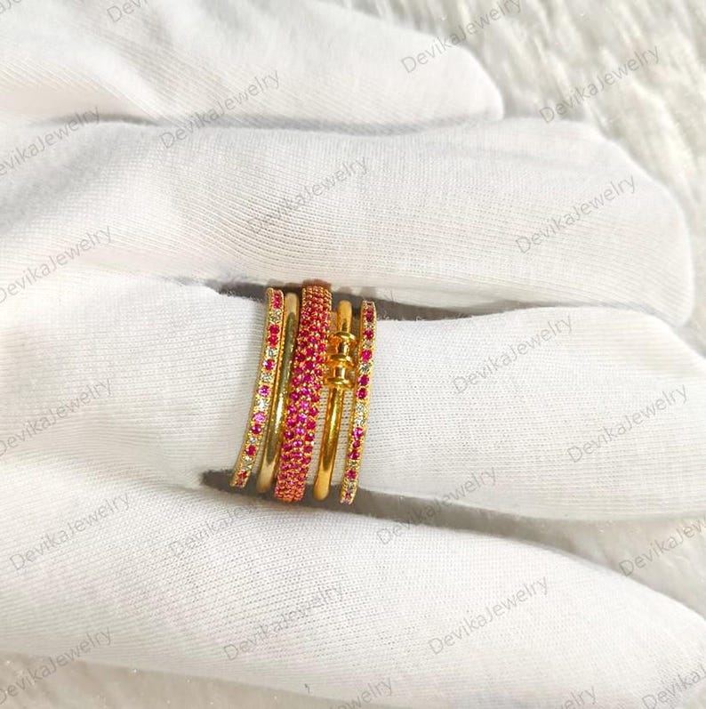 Ruby Diamonds 5 Interlocking Chunky Spinner Band Ring in 14k Yellow Plated 4