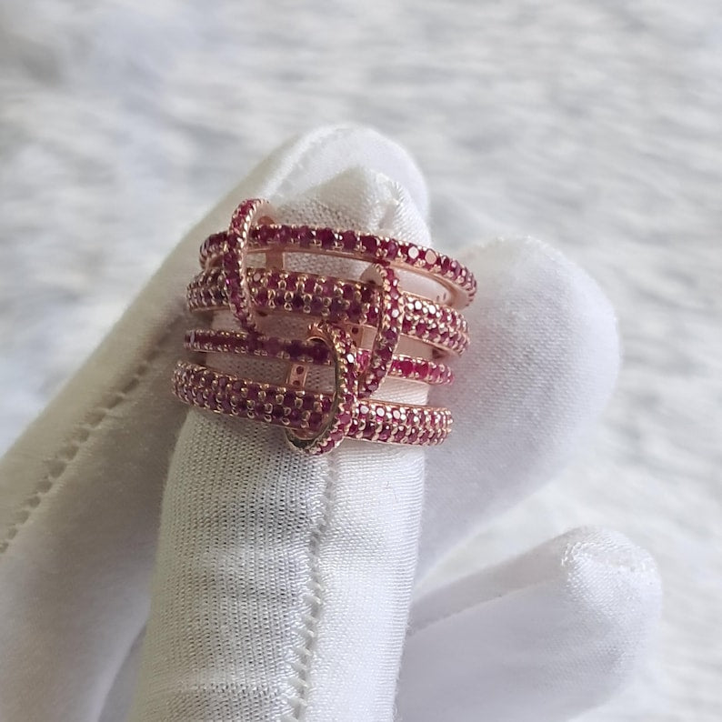 Ruby Interlocked Ring 925 Sterling Silver Eternity Connected Stacking Band 4