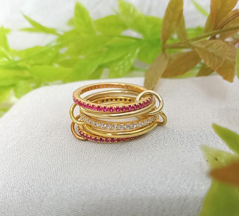 Ruby Interlocking Band 925 Sterling Silver Eternity Band Diamond Connected Stacker Ring 1