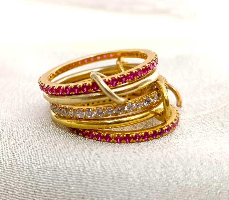 Ruby Interlocking Band 925 Sterling Silver Eternity Band Diamond Connected Stacker Ring 2