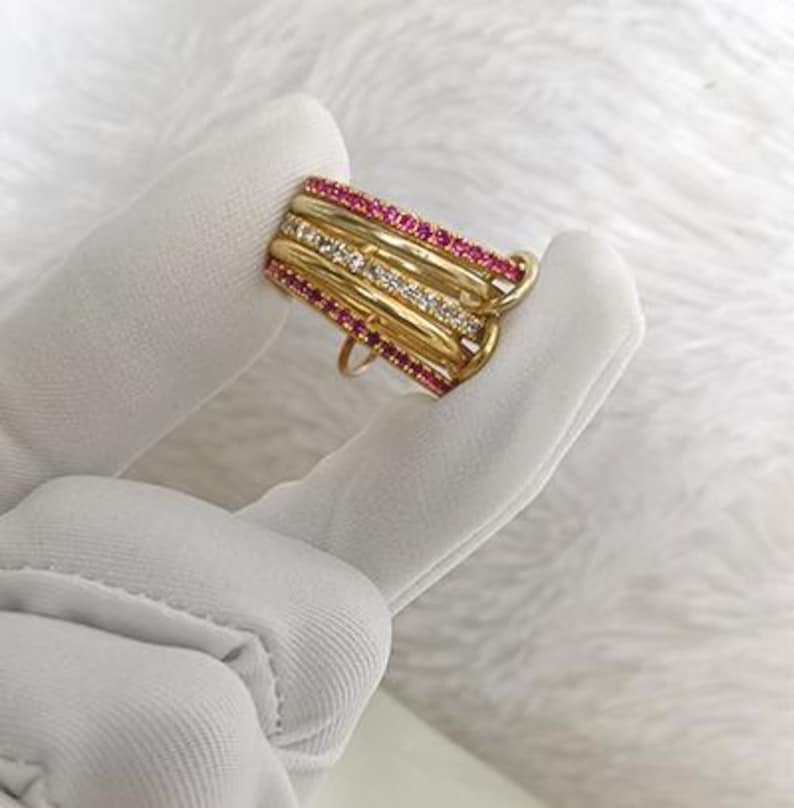 Ruby Interlocking Band 925 Sterling Silver Eternity Band Diamond Connected Stacker Ring 5