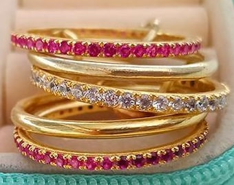 Ruby Interlocking Band 925 Sterling Silver Eternity Band Diamond Connected Stacker Ring 6