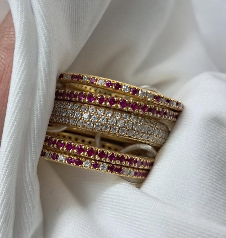 Ruby and CZ Diamond Stacking Rings, 14k Yellow Plated, Five Band 1