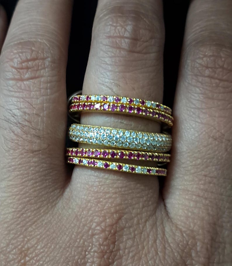 Ruby and CZ Diamond Stacking Rings, 14k Yellow Plated, Five Band 2