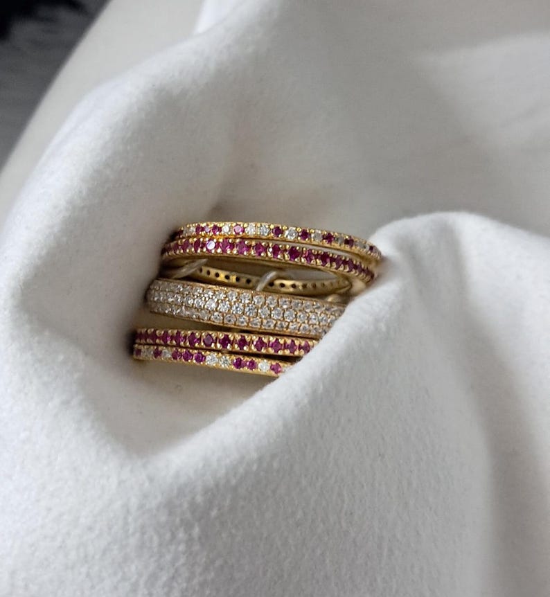 Ruby and CZ Diamond Stacking Rings, 14k Yellow Plated, Five Band 4