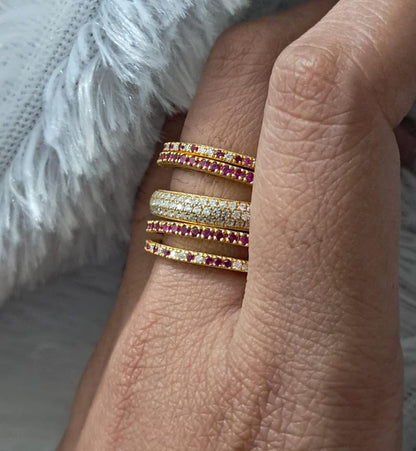 Ruby and CZ Diamond Stacking Rings, 14k Yellow Plated, Five Band 5