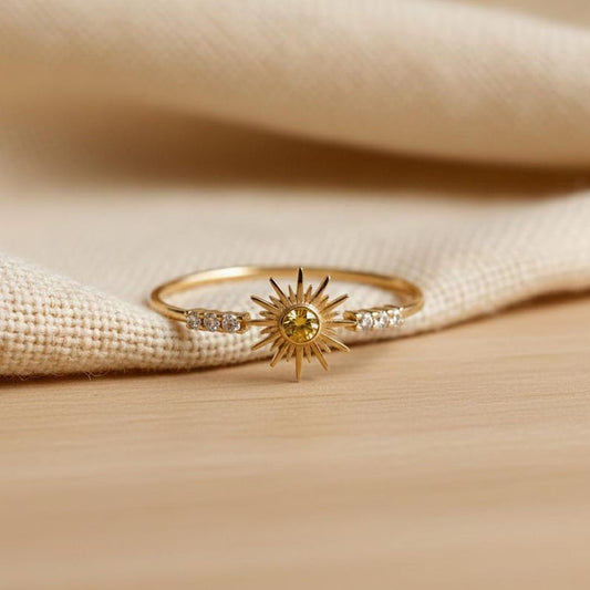 Sunburst Ring Rose Gold | Yellow Sapphire Diamond | Celestial Sun Jewelry devika