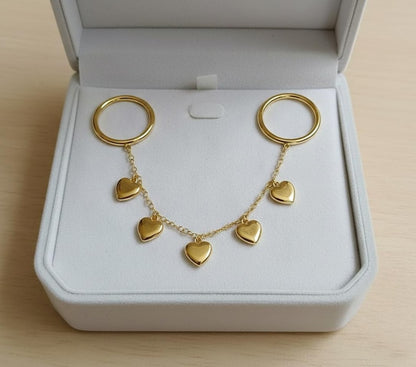 Two Finger Handmade Jewelry Heart Drop Chain Double Band 925 Sterling Silver  devika