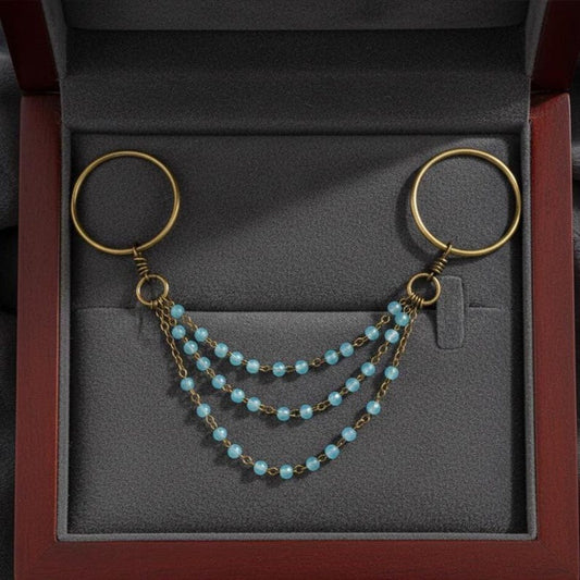 Two Stone Aquamarine Ring Brass Chain Dangle Boho Gift for Her 1