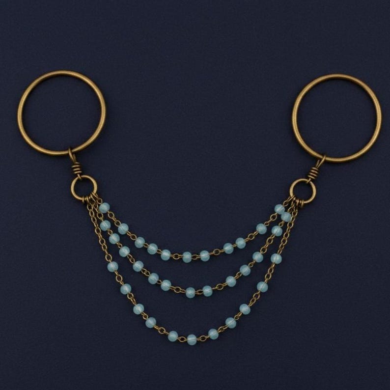 Two Stone Aquamarine Ring Brass Chain Dangle Boho Gift for Her 2