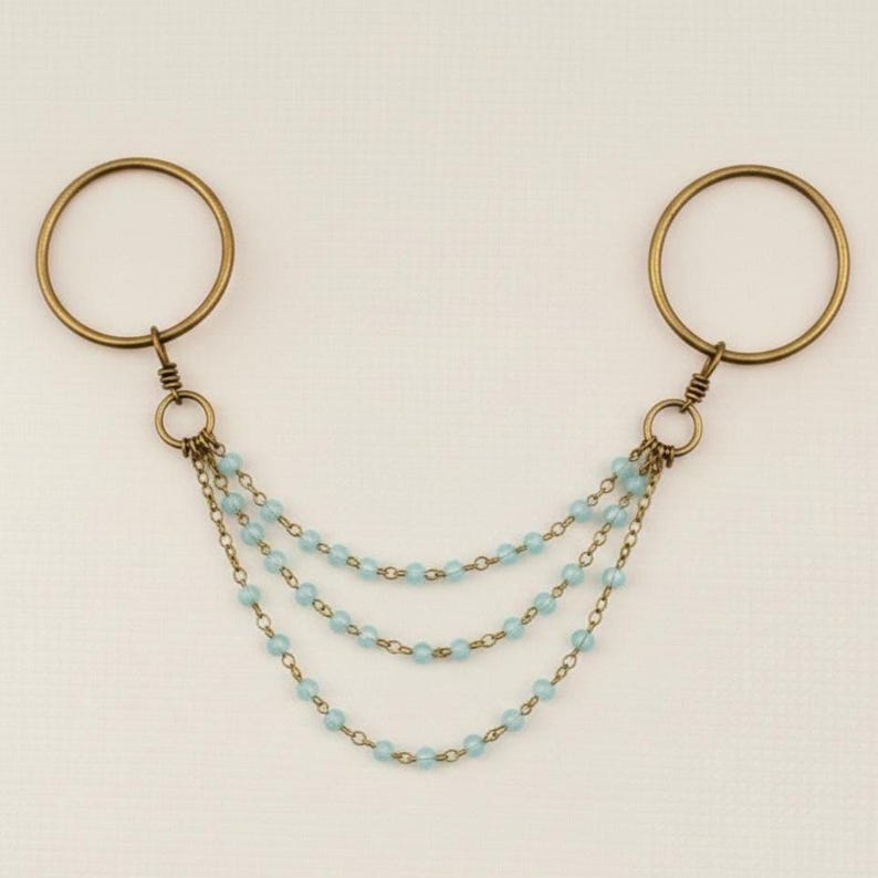 Two Stone Aquamarine Ring Brass Chain Dangle Boho Gift for Her 3