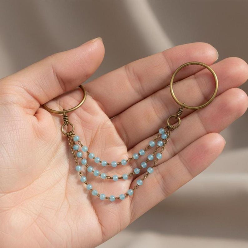 Two Stone Aquamarine Ring Brass Chain Dangle Boho Gift for Her 5